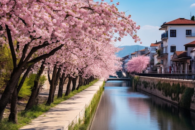 Vecteur le paysage au printemps du japon à la saison des cerisiers en fleurs le paysage à toyama à asahim