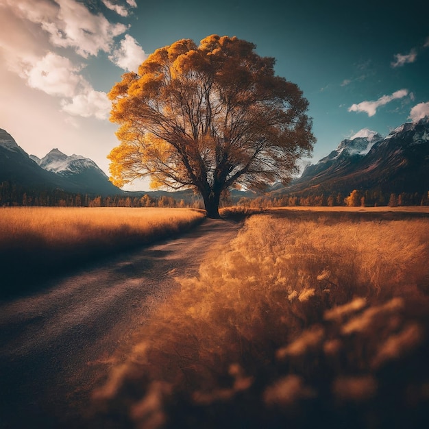 Paysage d'automne avec un arbre et une route paysage d'hiver avec un ar bre et une route
