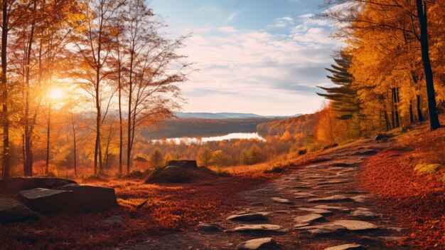 Vecteur un paysage d'automne avec un chemin de pierre menant à un lac et des arbres