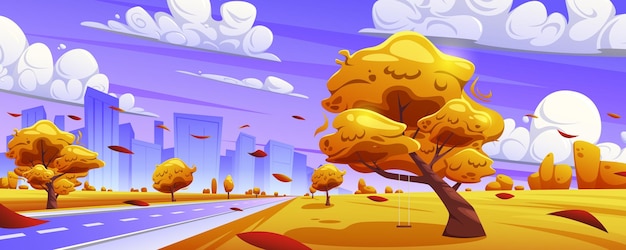 Vecteur paysage d'automne de dessin animé arbres jaunes sur le fond de la ville chute des feuilles