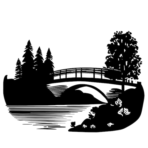 Paysage D'automne Avec Illustration Vectorielle De Style Pont Et Rivière