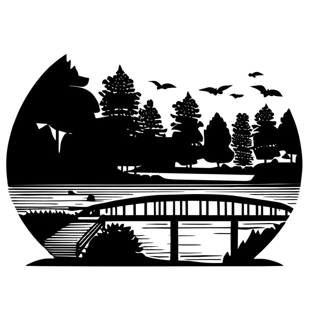 Paysage D'automne Avec Illustration Vectorielle De Style Pont Et Rivière