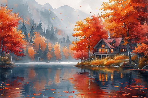 Vecteur paysage d'automne avec un lac bleu et de nombreuses feuilles rouges au-dessus de l'art d'illustration numérique