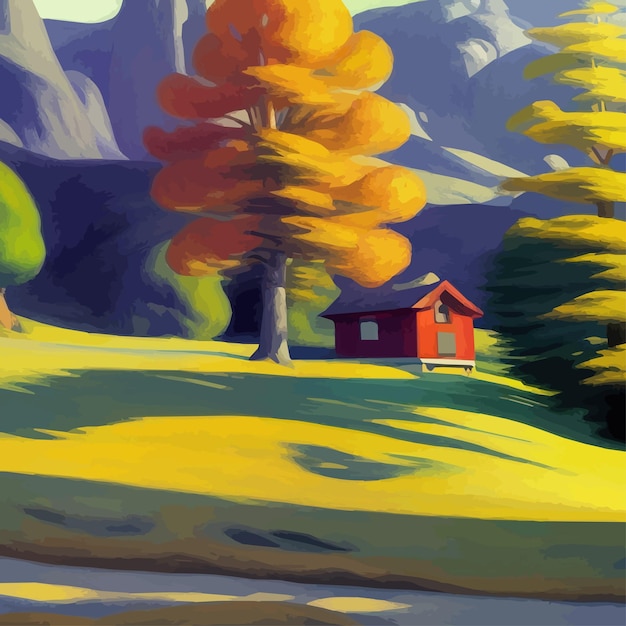 Vecteur paysage d'automne avec petit arbre de maison et sentier d'arbres jaunes contre les montagnes avec ciel