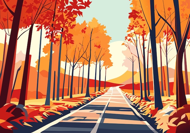 Vecteur paysage d'automne pittoresque de golden horizon avec chemin de feuillage et arbre
