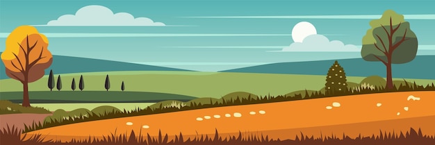 Vecteur paysage d'automne plat illustratiom de campagne de vecteur avec des herbes de bois et de la route