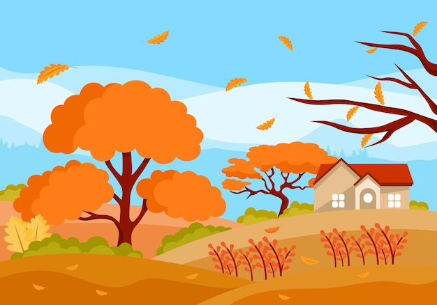 Vecteur paysage d'automne plat de vecteur avec une illustration de maison