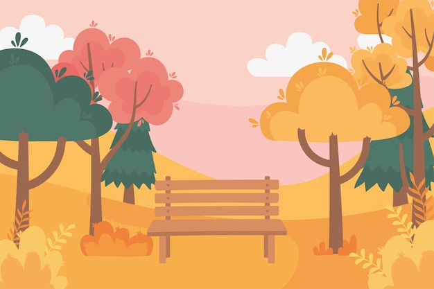 Paysage en automne scène de nature, banc d'arbres ruraux parc buissons feuillage