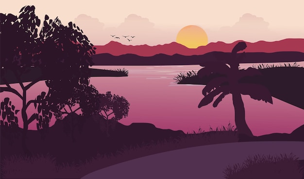 Paysage Belle Illustration Vectorielle - Lever De Soleil Chaud Et Paisible Sur Les Montagnes, L'océan Et La Forêt.