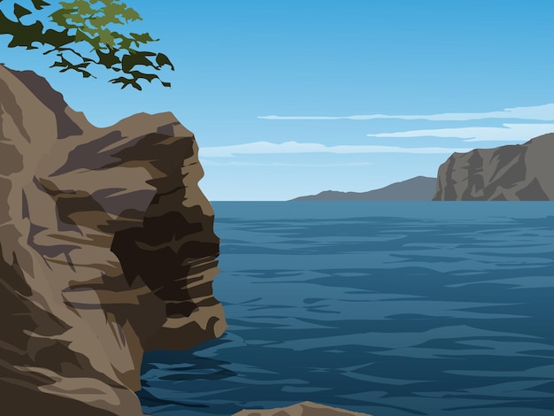 Vecteur paysage de bord de mer avec rochers et ciel bleu