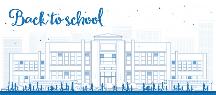 Vecteur paysage avec bus scolaire, bâtiment scolaire et personnes