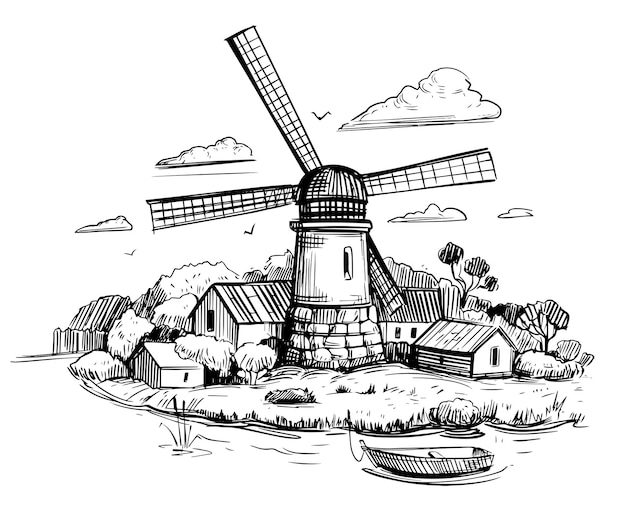 Paysage De Campagne Avec Un Moulin. Illustration Dessinée à La Main Isolée Sur Blanc