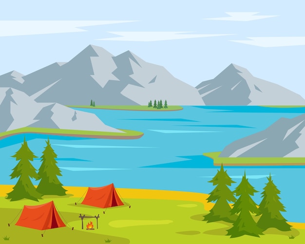 Paysage De Camping D'été. Lac Ou Rivière, Arbres, Tentes De Camping Orande Et Montagnes. Temps De Voyager Concept. Illustration De Fond.