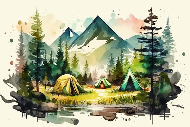 Vecteur paysage de camping avec fond de montagnes illustration vectorielle aquarelle