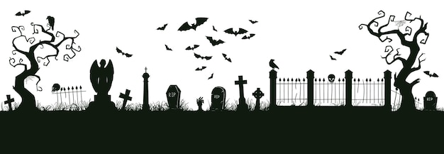 Paysage De Cauchemar D'halloween. Dessin Animé Effrayant Halloween Cimetière Paysage Vector Illustration De Fond. Silhouette Effrayante De Vue De Cimetière D'halloween. Silhouette De Paysage De Cauchemar Halloween