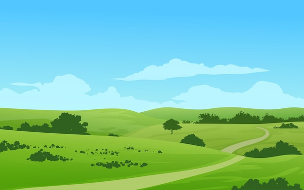 Paysage de champs verts et de collines avec sentier piétonnier