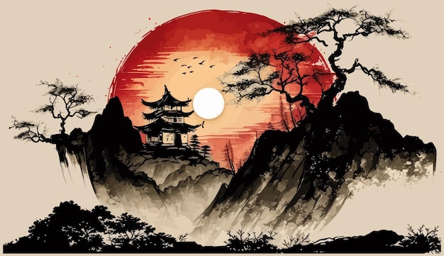 Paysage chinois avec petite maison sous le grand arbre sur la haute colline et grand soleil rouge Illustration vectorielle