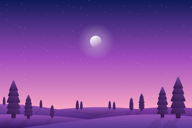 Paysage De Ciel étoilé Violet Avec Illustration De Forêt De Pins