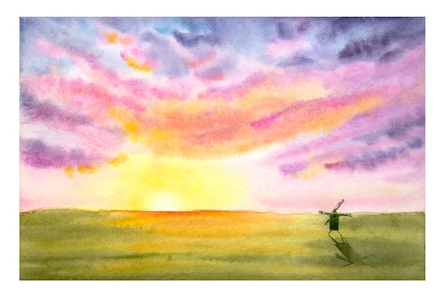 Vecteur paysage coucher de soleil aquarelle avec un champ et un moulin à vent