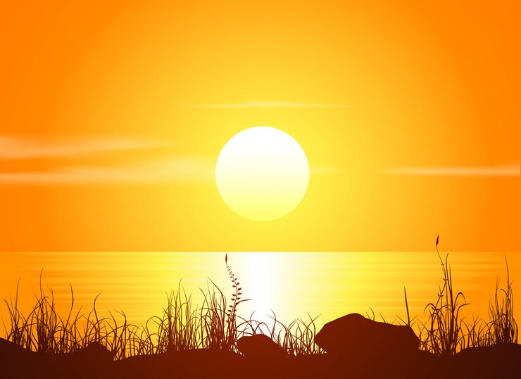 Vecteur paysage avec coucher de soleil au bord de la mer.
