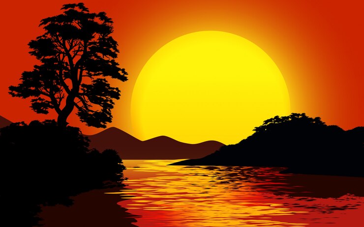 Vecteur paysage coucher de soleil avec grand soleil et rivière