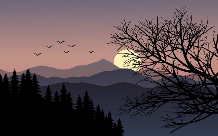 Vecteur paysage coucher de soleil de montagne avec des branches d'arbres