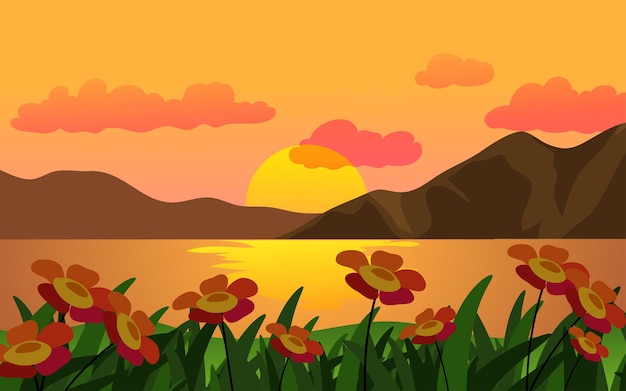 Paysage de coucher de soleil plat avec des fleurs