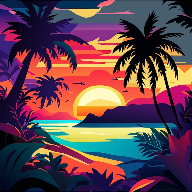 paysage de coucher de soleil tropical de plage avec un ciel brillant coloré et des palmiers