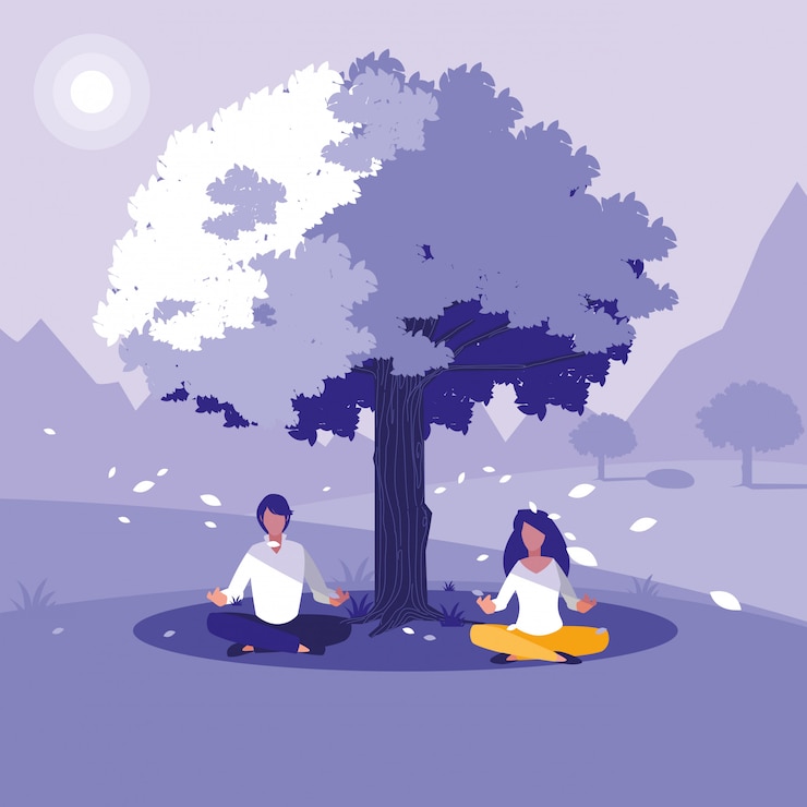 Vecteur paysage créatif avec arbre et personnages