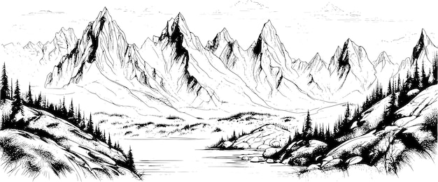 Vecteur paysage de croquis de montagne en noir sur fond blanc style de croquis dessiné à la main vecteur de pics rocheux