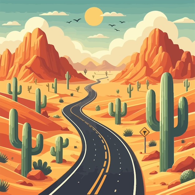 Paysage Désertique Avec Des Rochers De Route Et Des Cactus Illustration De Dessin Animé Vectoriel D'un Virage D'autoroute Au Mexique