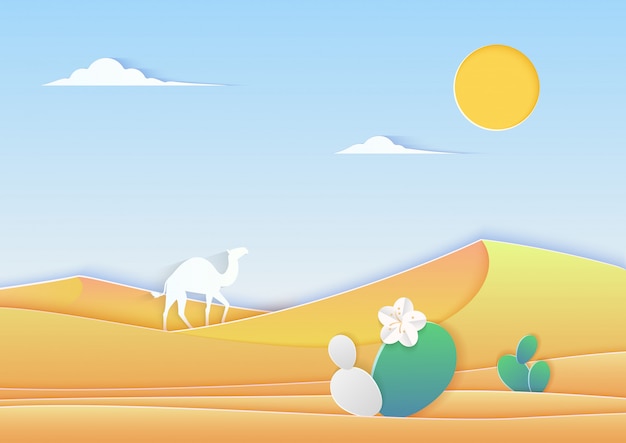 Vecteur paysage désertique de style découpé en papier à la mode avec illustration de chameau et de cactus.