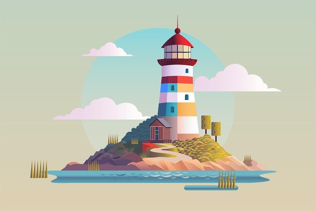 Paysage De Dessin Animé Avec Une Illustration De Vecteur De Phare