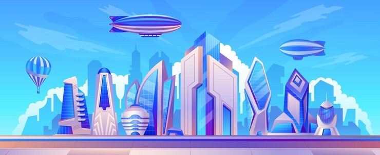 Paysage de dirigeable Scène de ville futuriste avec des dirigeables au-dessus des bâtiments de gratte-ciel aérostat dans le panorama de la mégapole horizon du ciel Illustration vectorielle