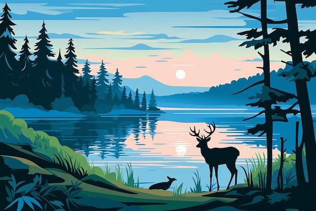 Paysage Du Lac En été Avec Des Cerfs