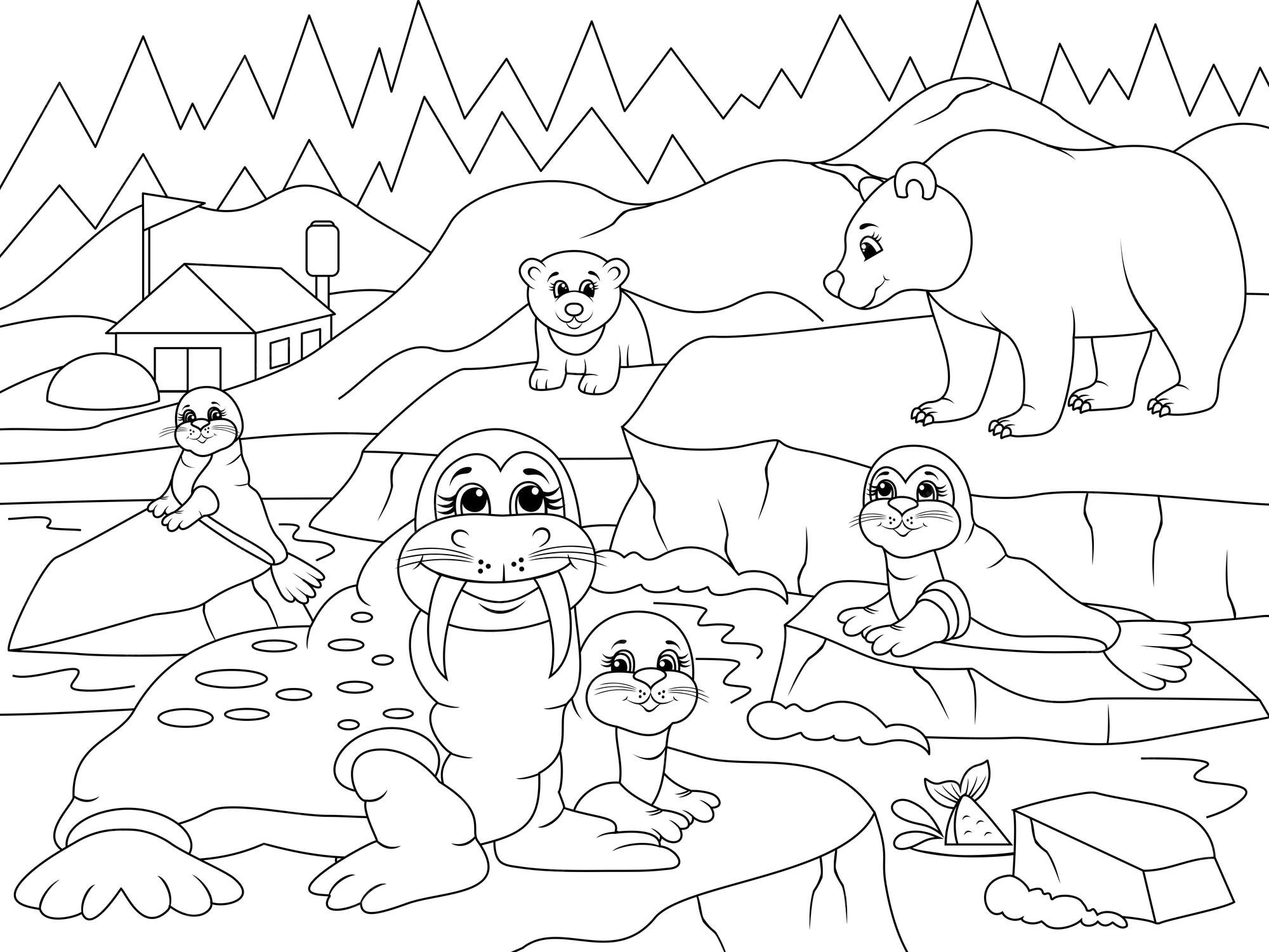 Paysage du pôle Nord et animaux sauvages Page vectorielle pour livre de