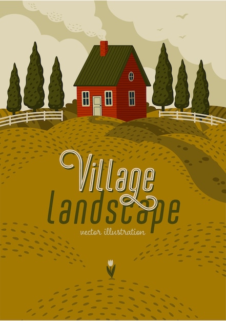 Vecteur paysage du village. paysage rural avec maison de ferme rouge dans un style rustique sur champ vert avec des cyprès