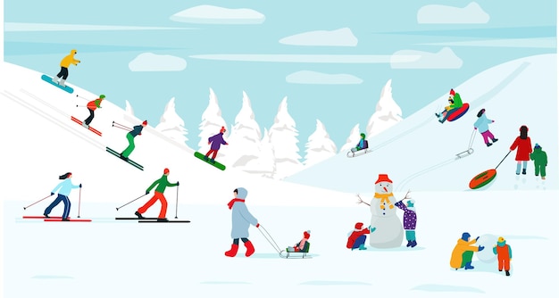 Paysage enneigé d'hiver. Les gens marchent, font des bonhommes de neige, font du ski et de la luge, profitent de leur repos.