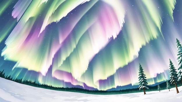 Vecteur paysage enneigé avec des pins et des aurores boréales illustration de peinture dessinée à la main aurora