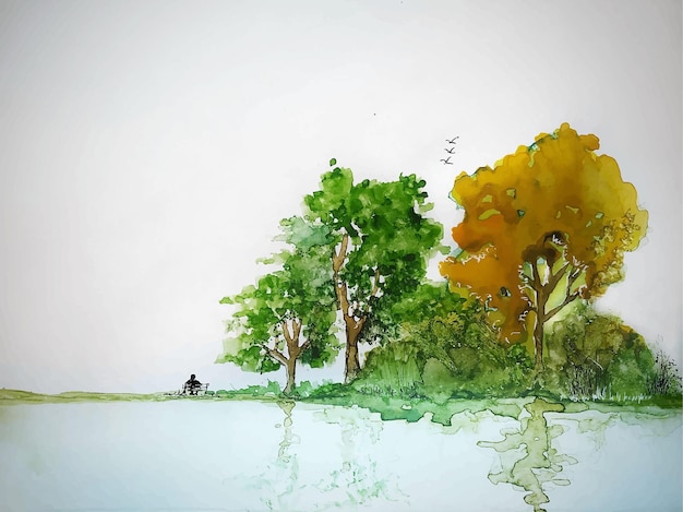 Paysage d'été dessiné à la main à l'aquarelle