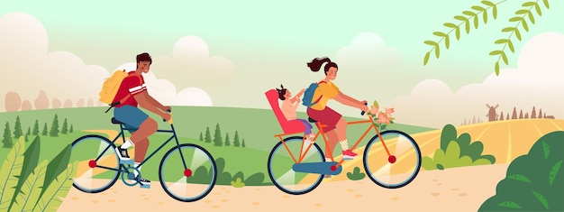Paysage D'été Avec Une Famille Heureuse à Vélo Passer Du Temps En Plein Air Couple Et Bébé à Vélo