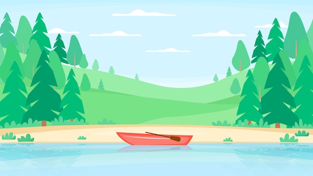 Vecteur paysage d'été avec forêt sur les collines bateau près de la rive du fleuve parc national ou réserve avec lac