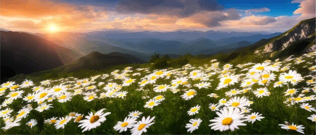 Paysage D'été Marguerites De Champ Sur Fond De Montagnes Nature Sauvage Avec Ciel Avec Nuages Coucher De Soleil