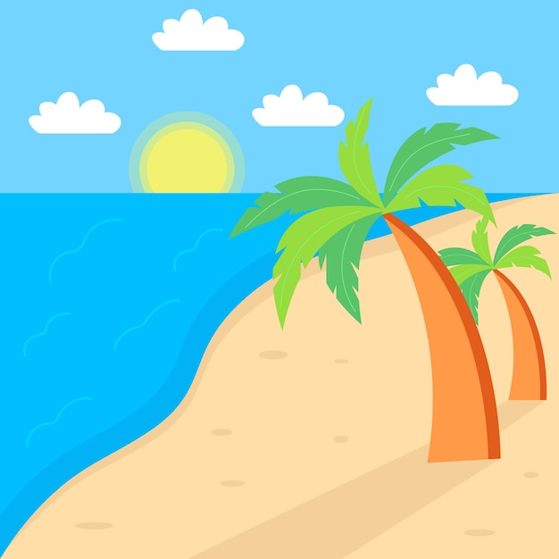 Paysage D'été Plage Soleil Mer Avec Palmiers Illustration Vectorielle