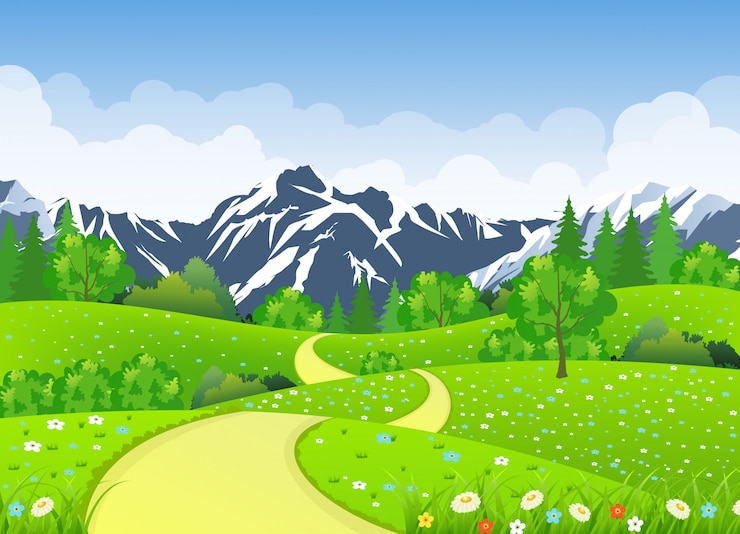 Vecteur paysage d'été avec prairies et montagnes.