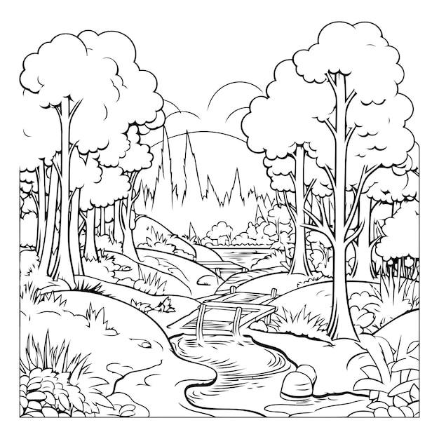 Vecteur paysage extérieur avec rivière et arbres conception graphique