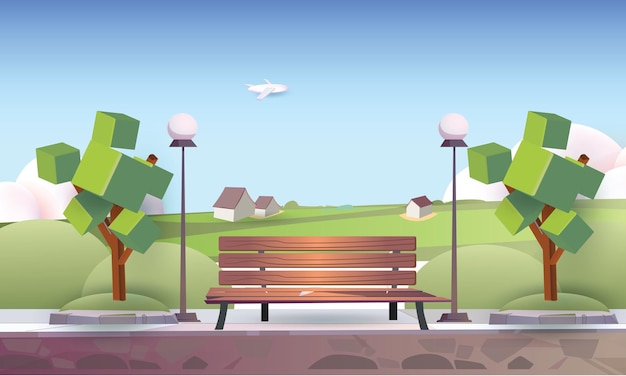 paysage extérieur vecteur public naturel skyline dessin animé route bois chaise et lampe
