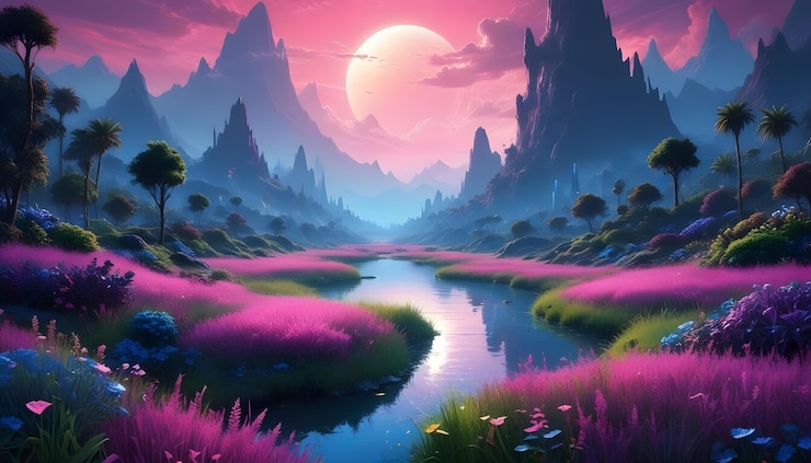 Un paysage fantastique avec une rivière sinueuse coulant à travers un champ de fleurs roses entouré de hautes montagnes et éclairé par un soleil couchant dans un ciel violet