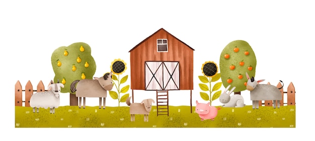 Paysage avec une ferme d'animaux et des arbres fruitiers Bœufs et animaux domestiques sur la pelouse Barnyard Composition dessinée à la main pour les enfants pour les cartes de décoration et les invitations