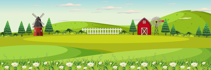 Vecteur paysage de ferme avec champ et grange rouge en saison estivale